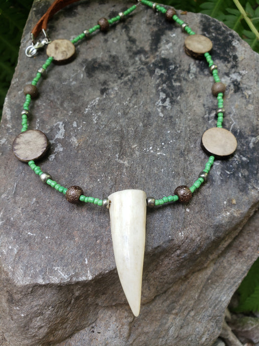 Deer Antler Necklace Stone Beaded Leather Jewelry (AG) - North Rustic