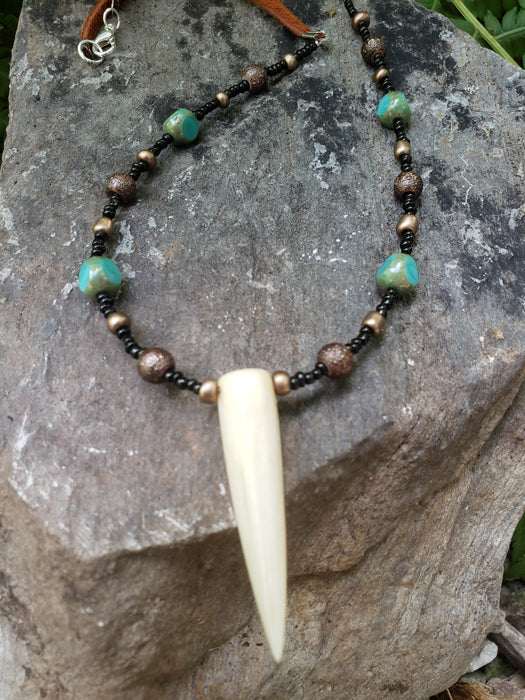 Deer Antler Necklace Stone Beaded Leather Jewelry (AB) - North Rustic