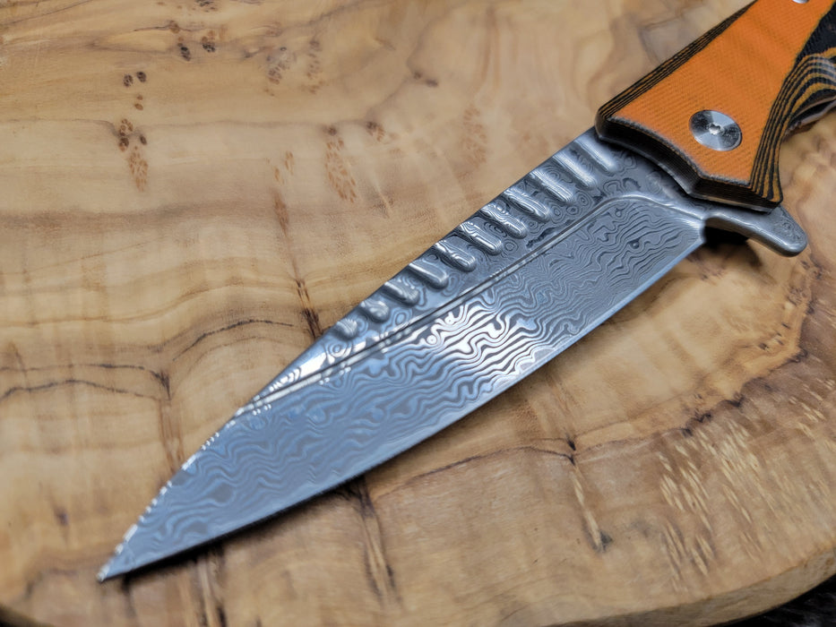 Damascus Pocket Knife Black Orange G10 Handle VP107 - North Rustic