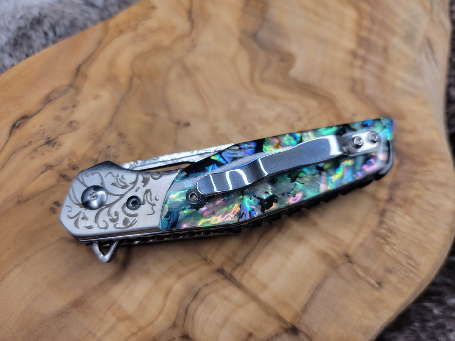 Damascus Pocket Knife Abalone Shell Resin Handle VP115 - North Rustic