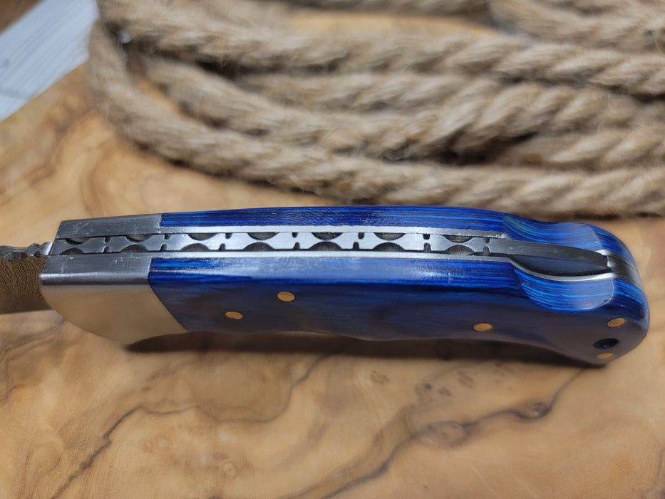 Damascus Folding Knife Blue Pakka Wood Handle PJ03 - North Rustic