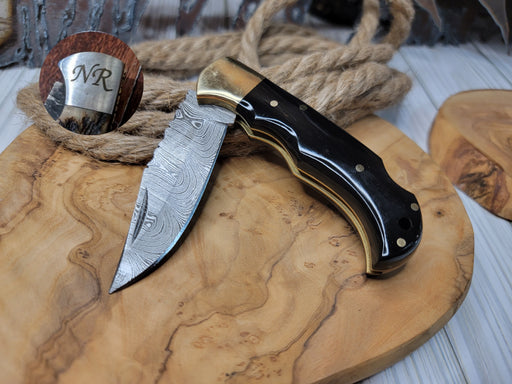 Bull Horn Handle Damascus Pocket Folding Knife PJ04 - North Rustic