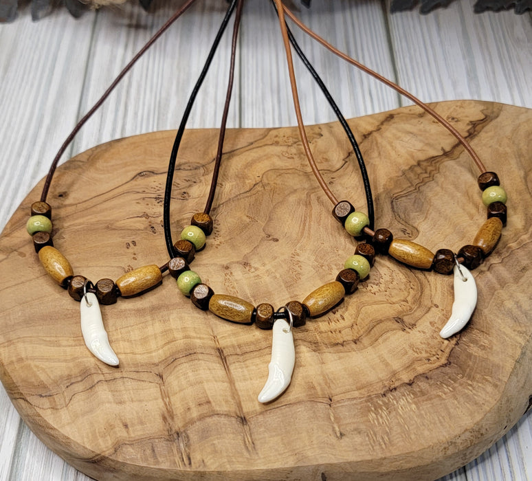 Coyote Tooth Necklace Leather Beaded Jewelry CM06 - North Rustic