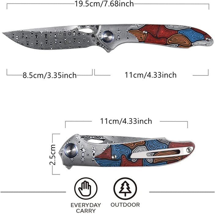 Damascus Folding Knife Twill Carbon Fiber Handle VP40 - North Rustic