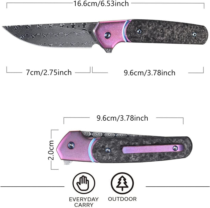 Damascus Pocket Knife Pink Rose Titanium Carbon Fiber Handle VP66 - North Rustic