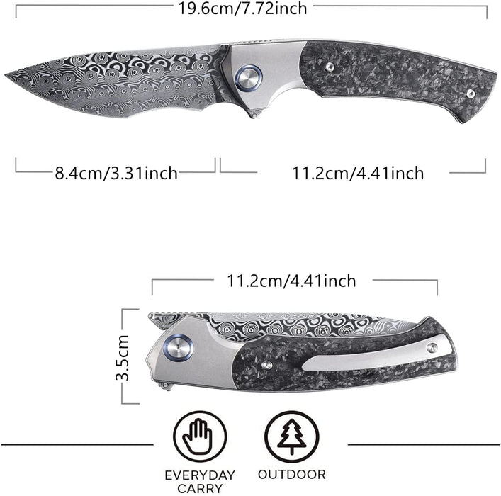 Damascus Pocket Knife Gray Titanium Carbon Fiber Handle VP63 - North Rustic