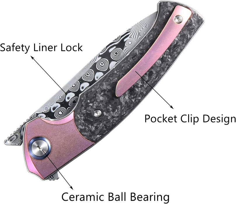Damascus Pocket Knife Rose Pink Titanium Carbon Fiber Handle VP64 - North Rustic