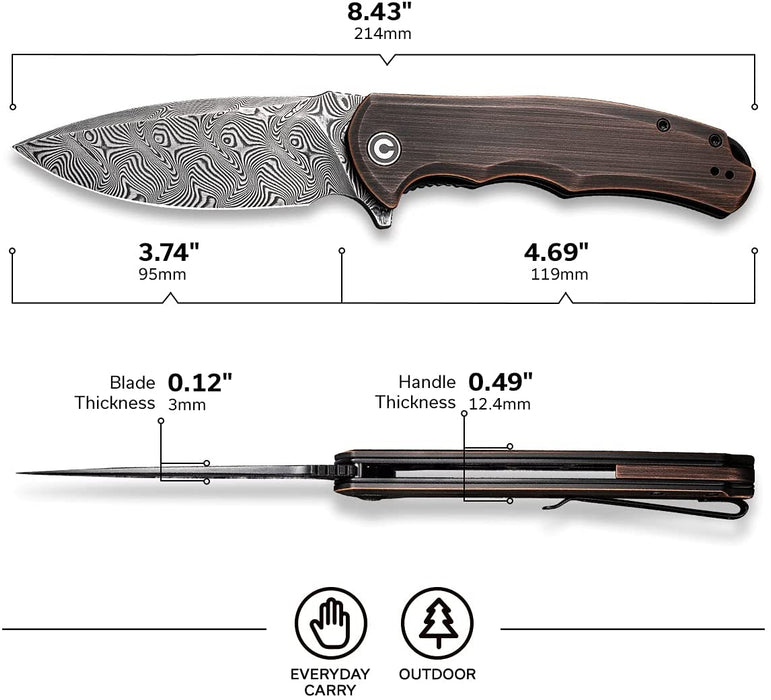 Premium Damascus Folding Knife Rubbed Copper Handle VP51 - North Rustic