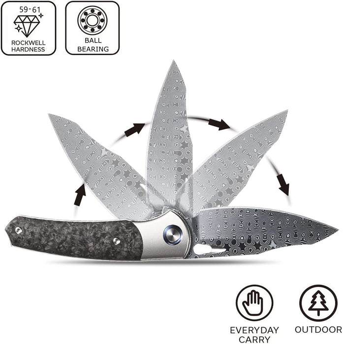 Damascus Pocket Knife Gray Titanium Carbon Fiber Handle VP71 - North Rustic