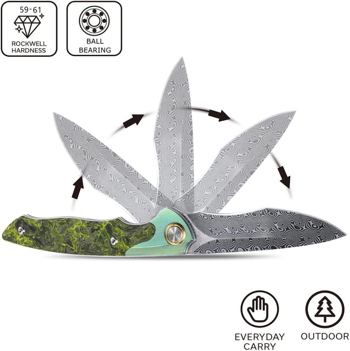 Damascus Pocket Knife Green Titanium Carbon Fiber Handle VP69 - North Rustic
