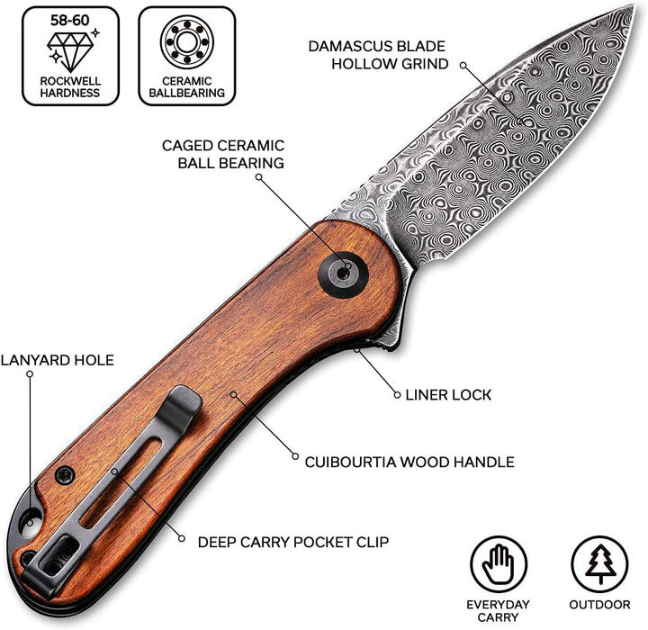 Premium Damascus Folding Knife Cuibourtia Wood Handle VP42 - North Rustic