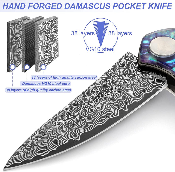 Damascus Folding Knife Abalone Shell Handle VP57 - North Rustic