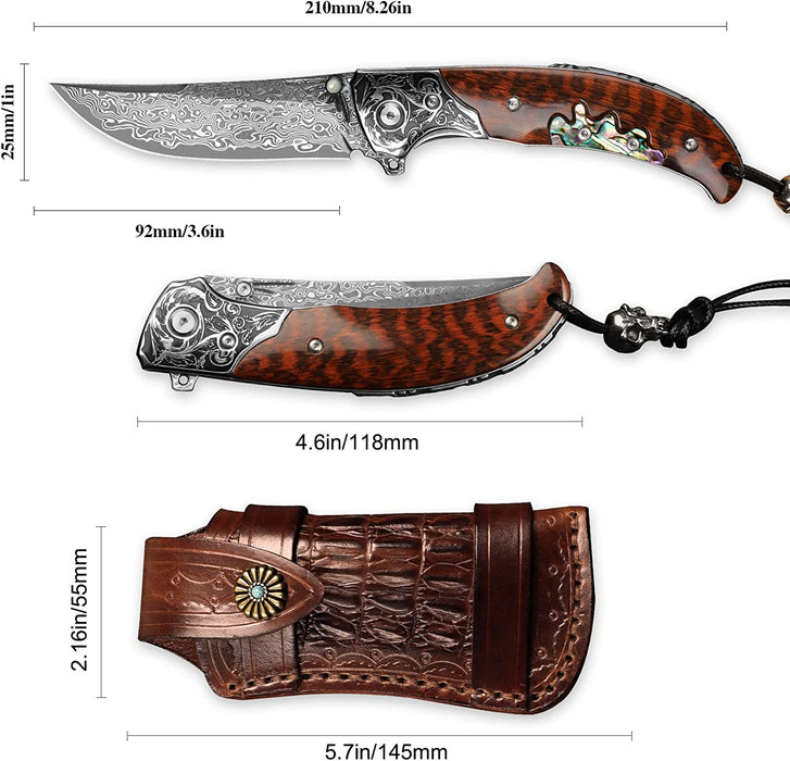 VG10 Damascus Pocket Knife Rose Wood Handle Abalone Inlay VP103 - North Rustic