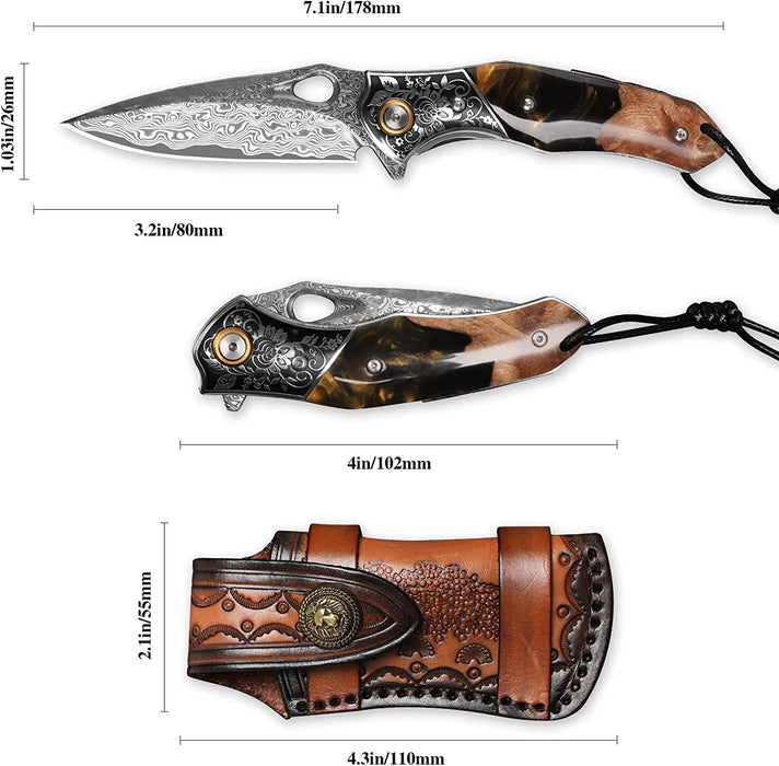 Damascus Pocket Knife Resin Maple Wood Handle VP72 - North Rustic