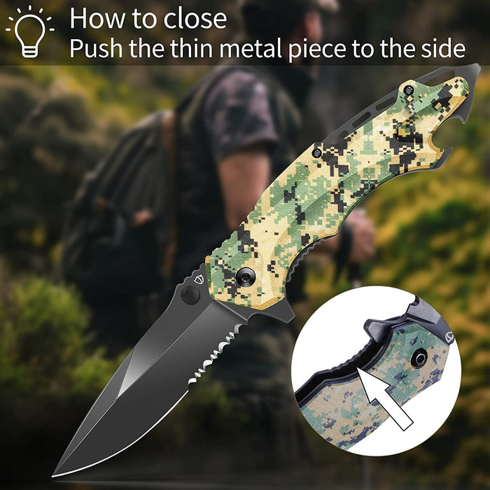 Black Blade Camo Handle Tactical Folding Knife With Bottle Opener JP04 - North Rustic
