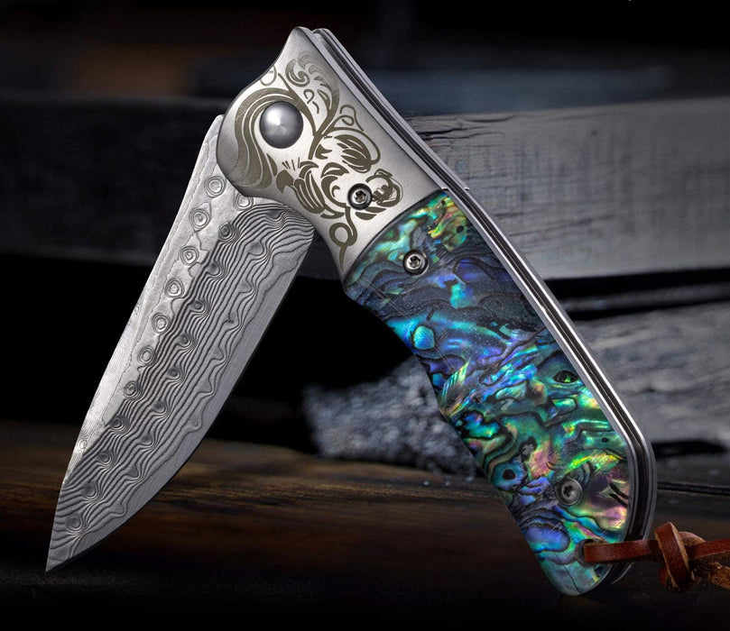 Damascus Pocket Knife Abalone Shell Handle VP59 - North Rustic
