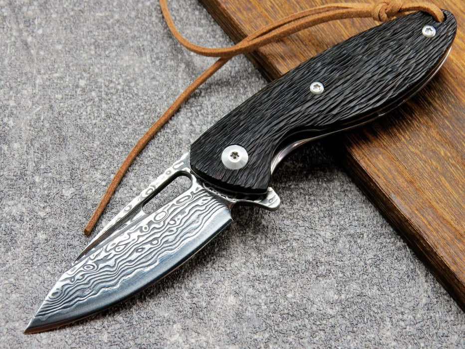 VG10 Damascus Small Folding Knife Ebony Wood Handle VP32 - North Rustic