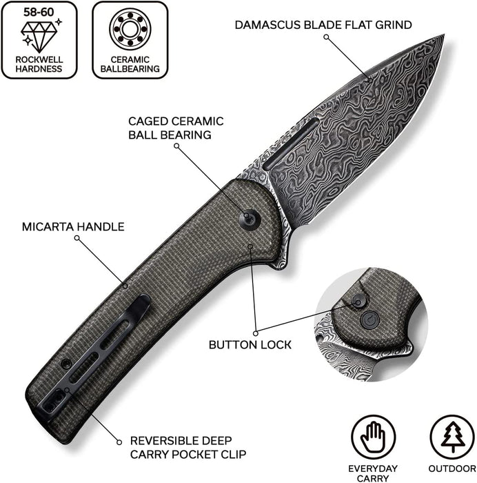 Premium Damascus Folding Knife Micarta Handle VP47 - North Rustic