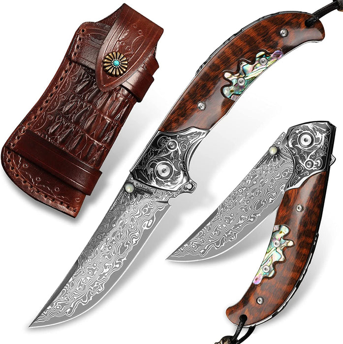 VG10 Damascus Pocket Knife Rose Wood Handle Abalone Inlay VP103 - North Rustic