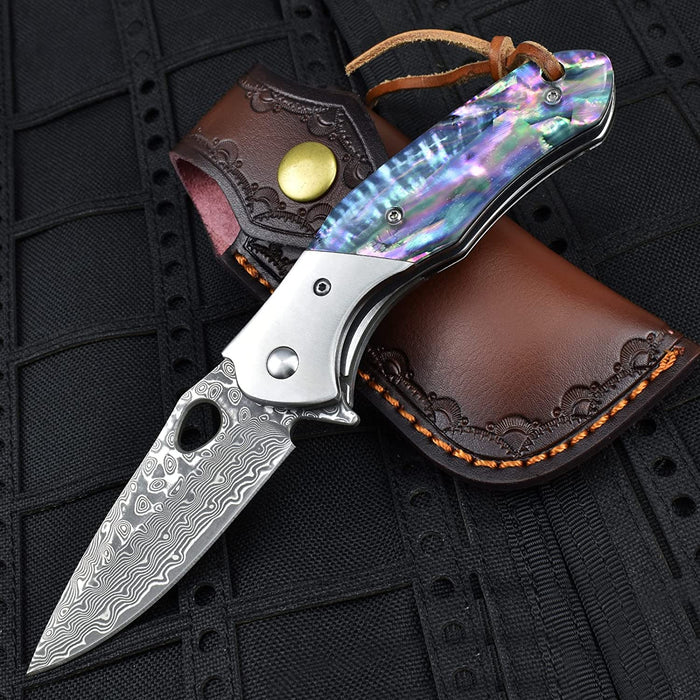 VG10 Damascus Folding Knife Abalone Shell Handle VP110 - North Rustic