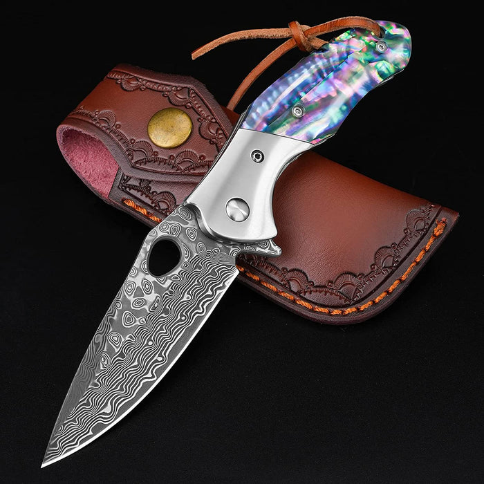 VG10 Damascus Folding Knife Abalone Shell Handle VP110 - North Rustic