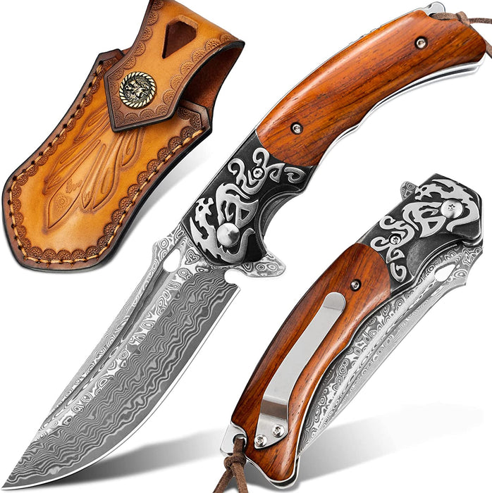 VG10 Damascus Pocket Knife Olive Wood Handle VP84 - North Rustic