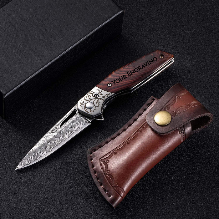 Damascus Pocket Knife Rose Wood Handle VP60 - North Rustic