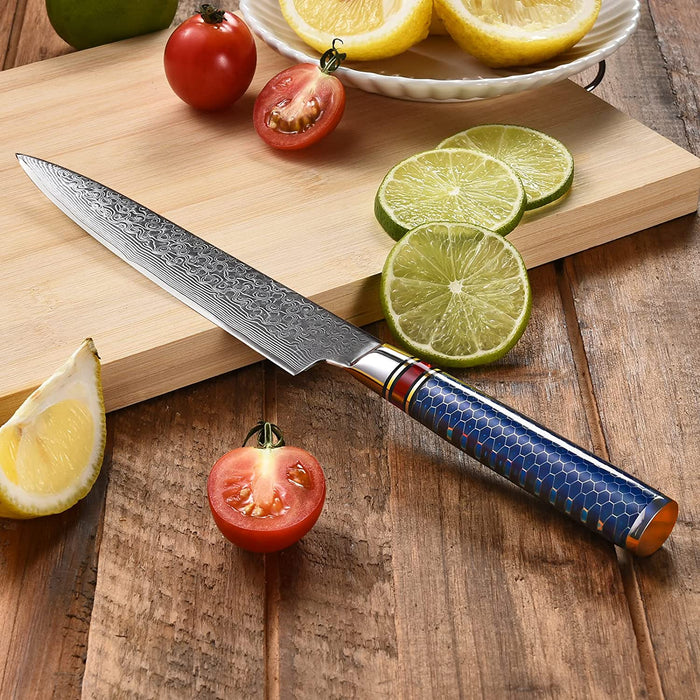 Paring Utility Kitchen Culinary Knife 6" Honeycomb Blue Resin Handle VG10 Damascus VC12 - North Rustic