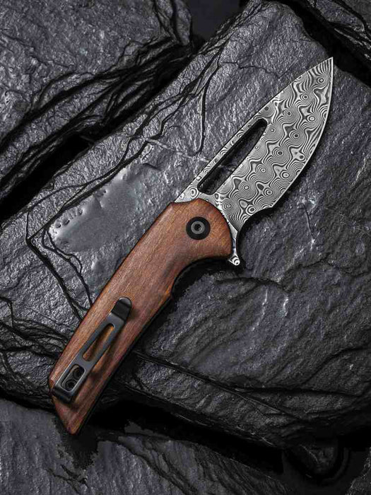 Premium Damascus Folding Knife Cuibourtia Wood Handle VP44 - North Rustic