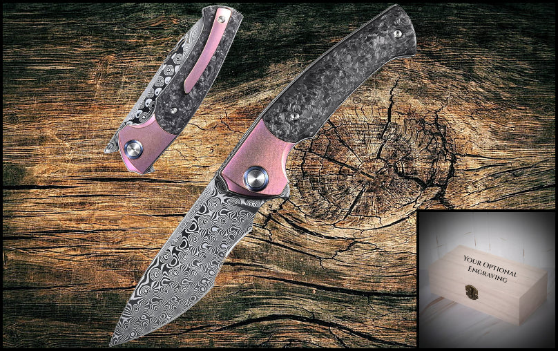 Damascus Pocket Knife Rose Pink Titanium Carbon Fiber Handle VP64