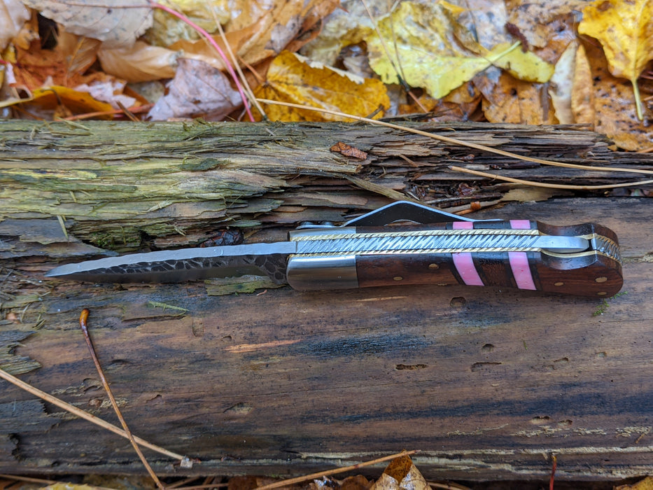 Wenge Wood Pink Coral Handle Folding Pocket Knife Hammered Belt Clip NR11-5