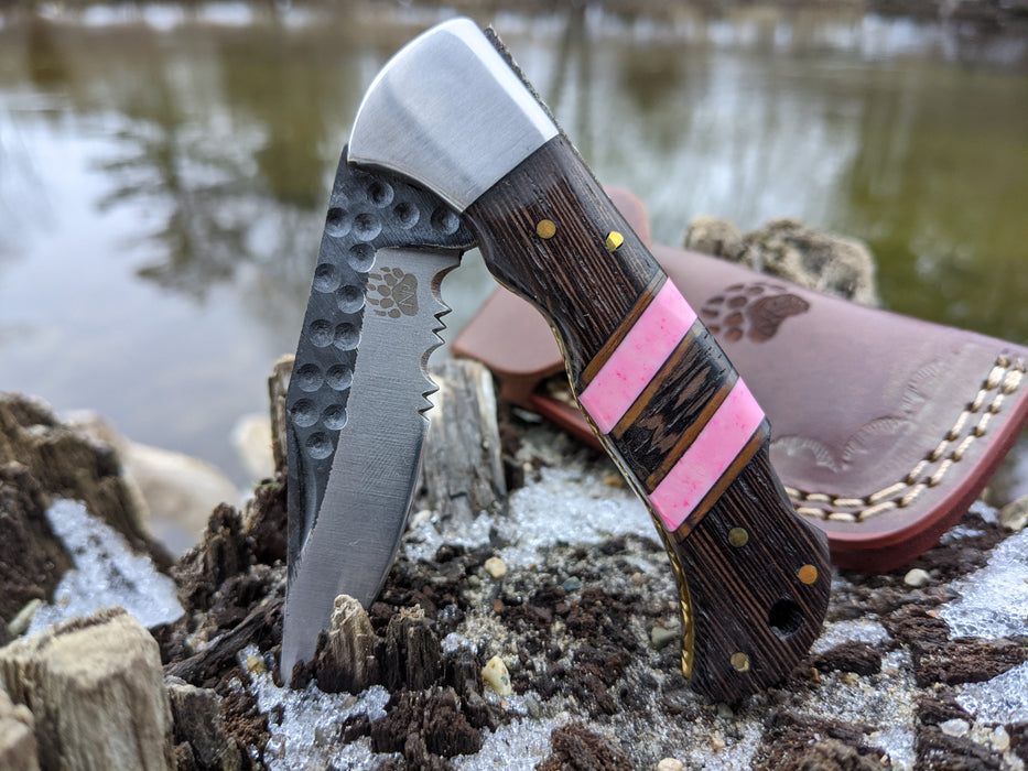 Personalized Folding Knife | Wenge Wood Pink Coral Handle | NR03-4 - North Rustic