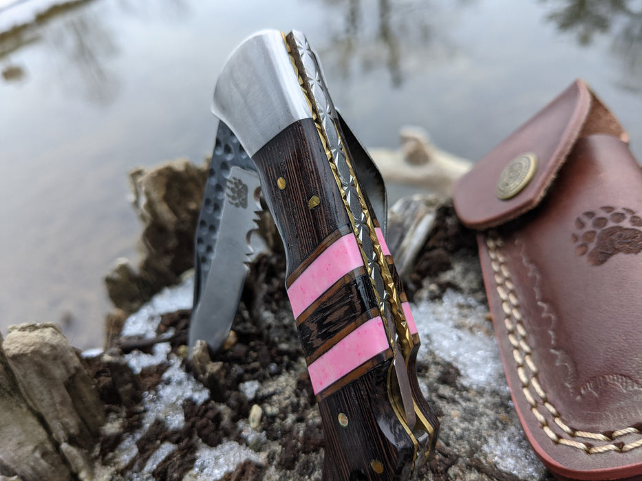 Personalized Folding Knife | Wenge Wood Pink Coral Handle | NR03-4 - North Rustic