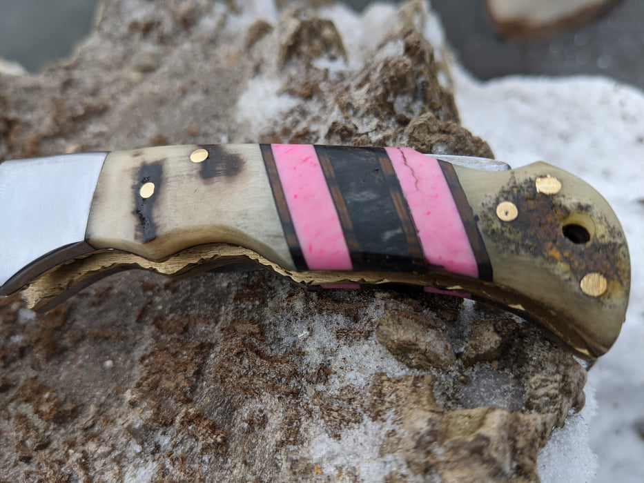 Personalized Folding Knife | Ram Horn Pink Coral Handle | NR13-5 - North Rustic