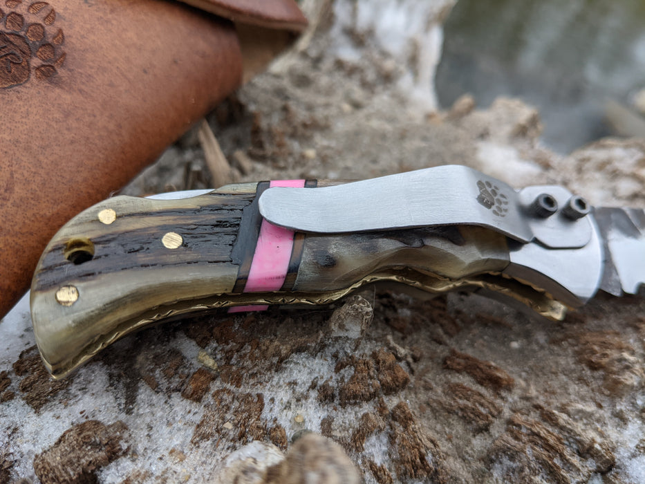 Personalized Folding Knife | Ram Horn Pink Coral Handle | NR04-5 - North Rustic