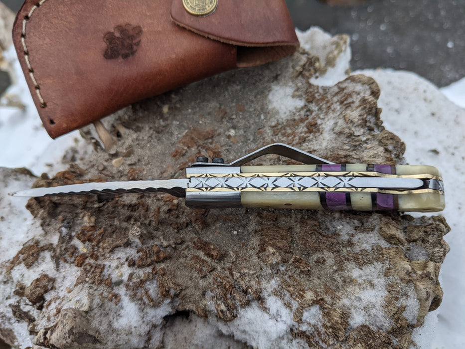 Personalized Folding Knife | Buffalo Bone Purple Coral Handle | NR16-4 - North Rustic