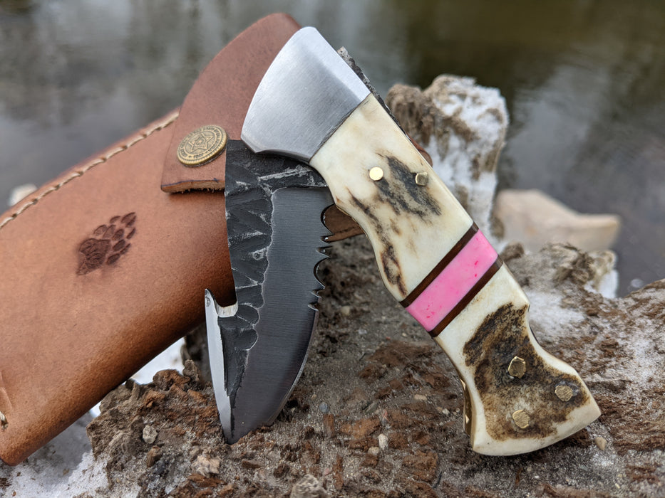 Wenge Wood Pink Coral Handle Folding Pocket Knife Hammered Belt Clip NR11-5