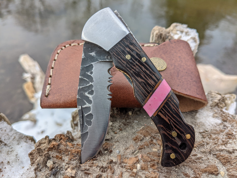 Personalized Folding Knife | Wenge Wood Pink Coral Handle | NR11-5 - North Rustic