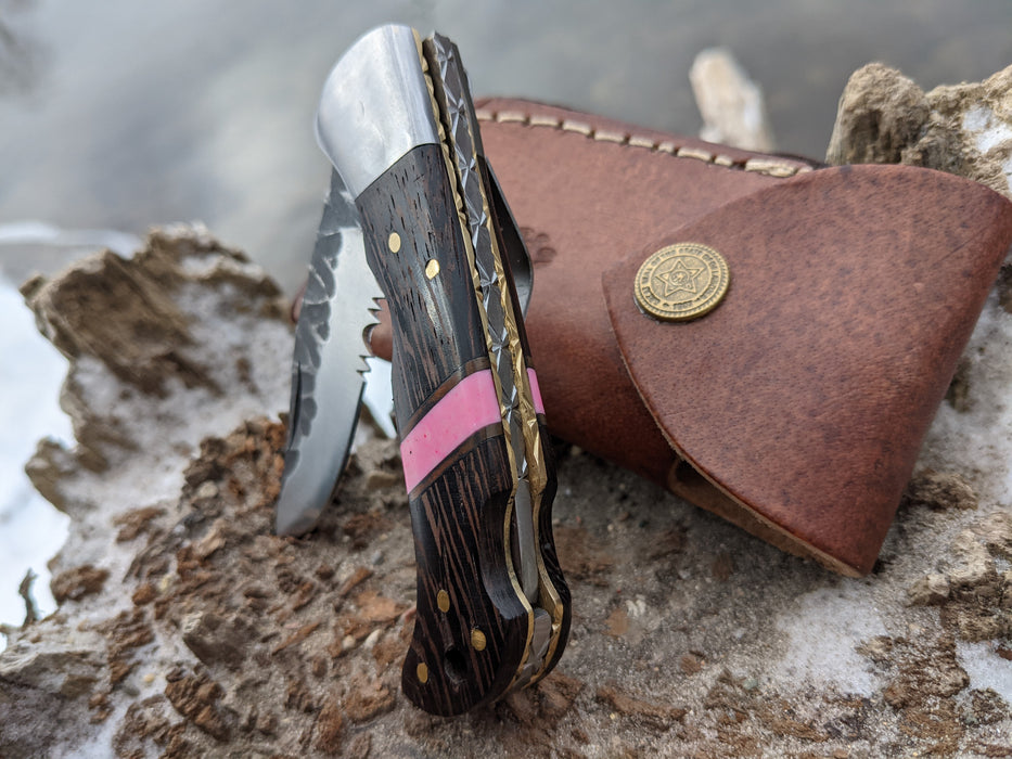 Personalized Folding Knife | Wenge Wood Pink Coral Handle | NR11-5 - North Rustic