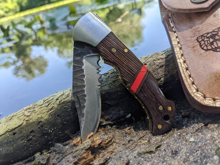 Personalized Folding Knife | Wenge Wood Red Turquoise Handle | NR11-3 - North Rustic
