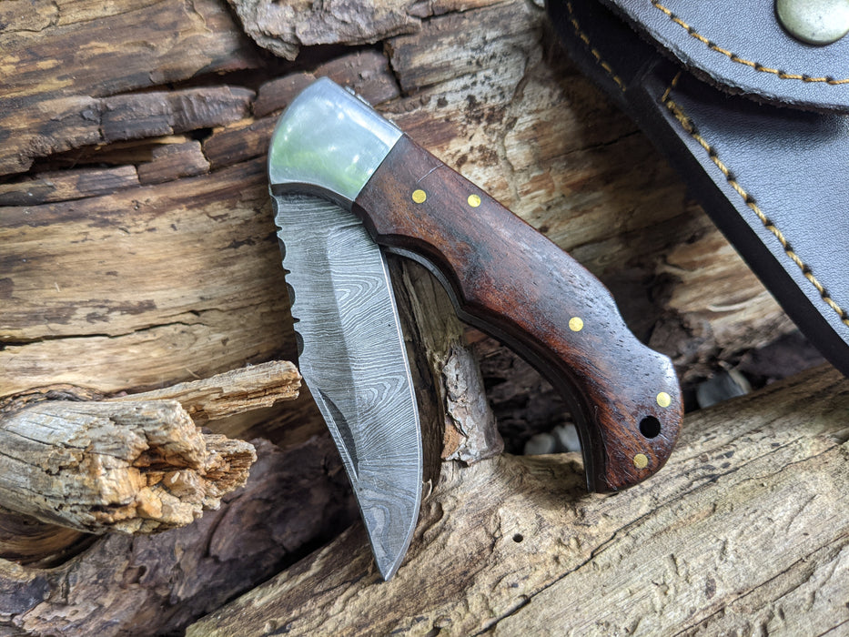 Damascus Folding Knife | Rose Wood Handle | Optional Engraving | NW04 - North Rustic