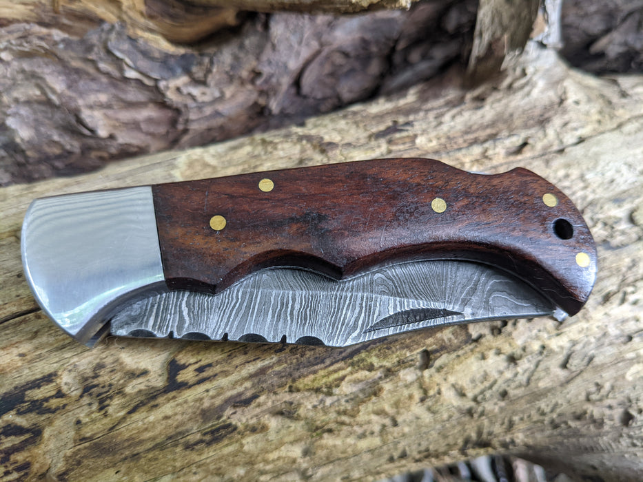 Damascus Folding Knife | Rose Wood Handle | Optional Engraving | NW04 - North Rustic