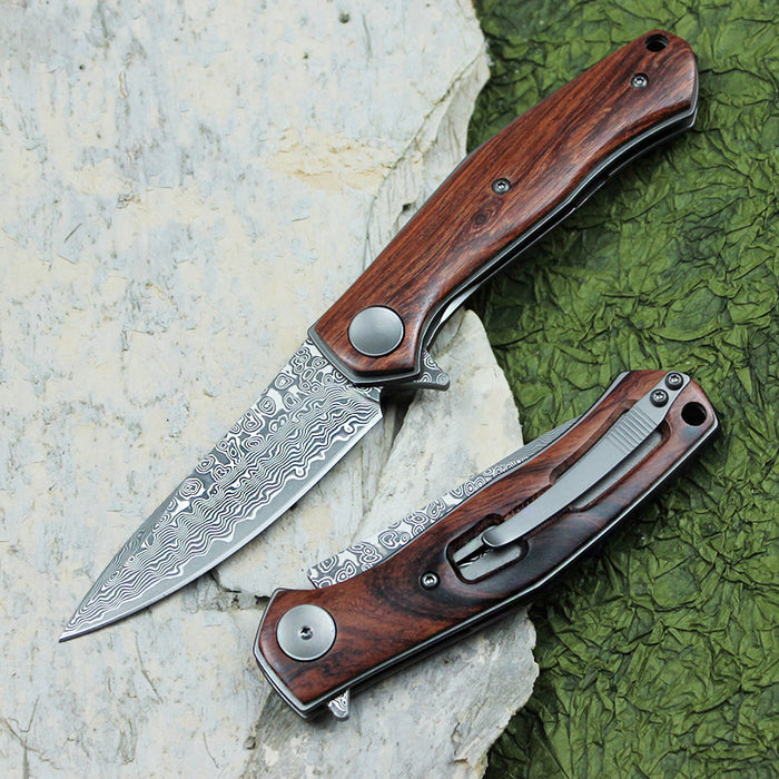 Damascus Folding Knife Rose Wood Handle VP27 - North Rustic