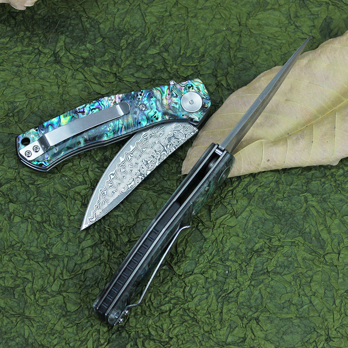 Damascus Pocket Knife Abalone Shell Handle VP59