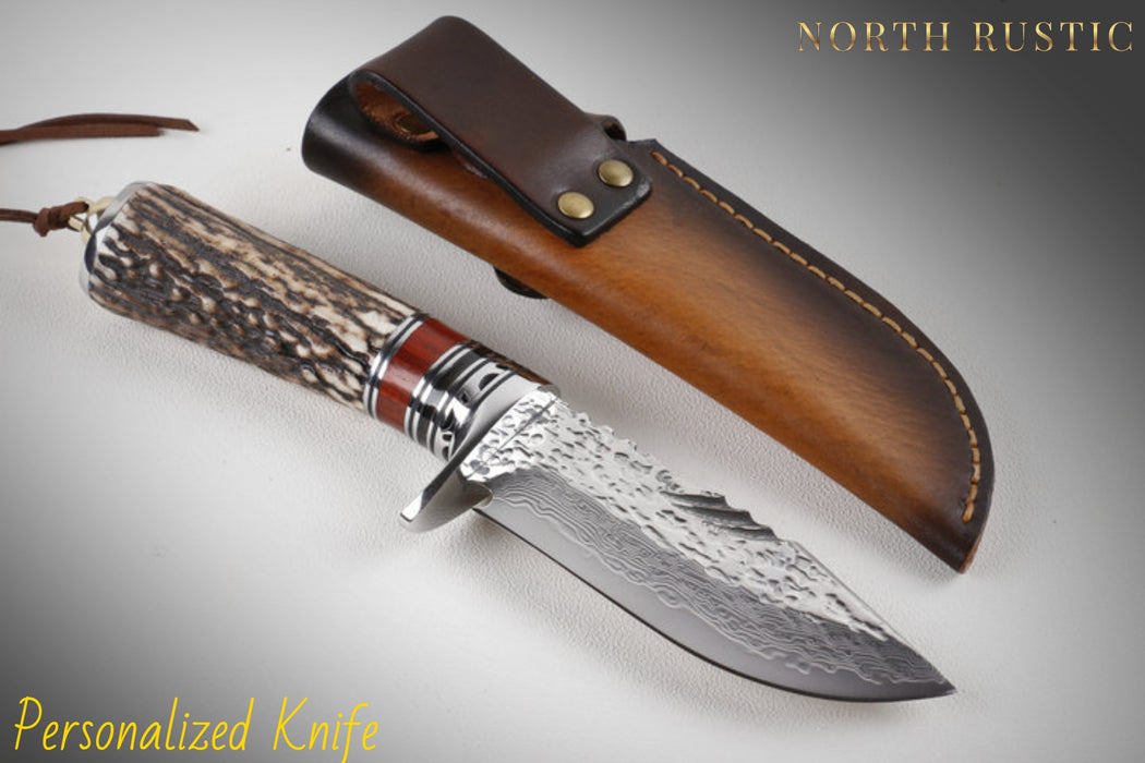 Premium VG10 Damascus Hunting Knife Deer Antler Handle - North