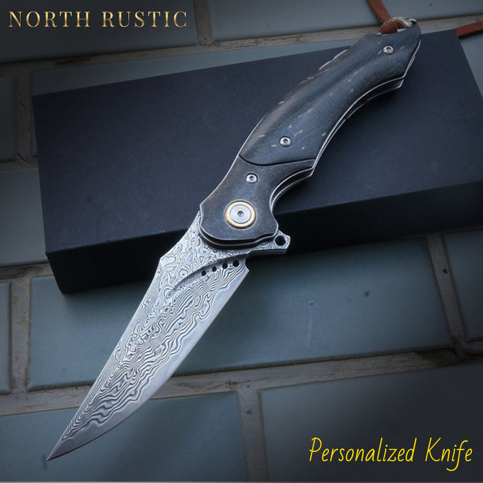Premium VG10 Damascus Folding Knife Stable Wood Handle - North Rustic