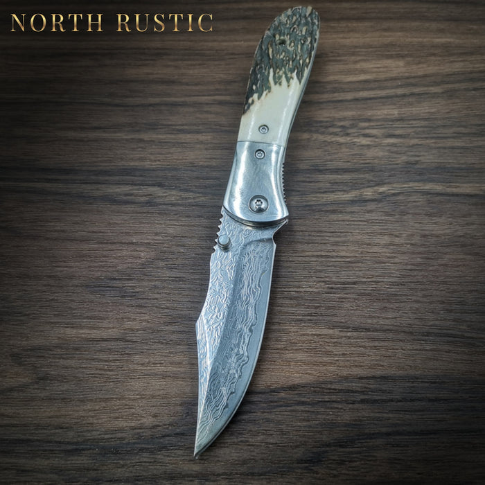 Premium VG10 Damascus Folding Knife Deer Antler Stag Horn Handle - North Rustic
