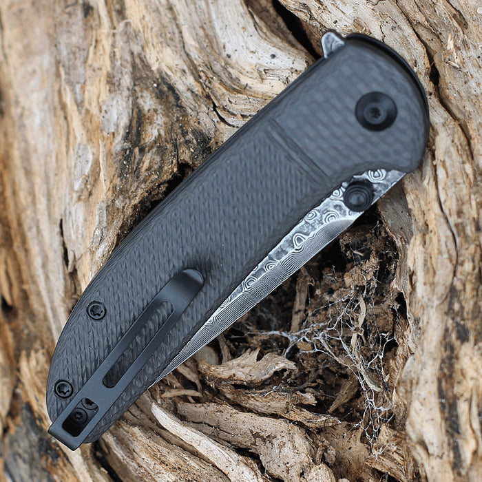 Premium Damascus Folding Knife Twill Carbon Handle VP38 - North Rustic