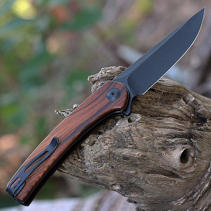 Black Stonewash Blade Wood Pocket Knife Deep Carry Clip VP77 - North Rustic