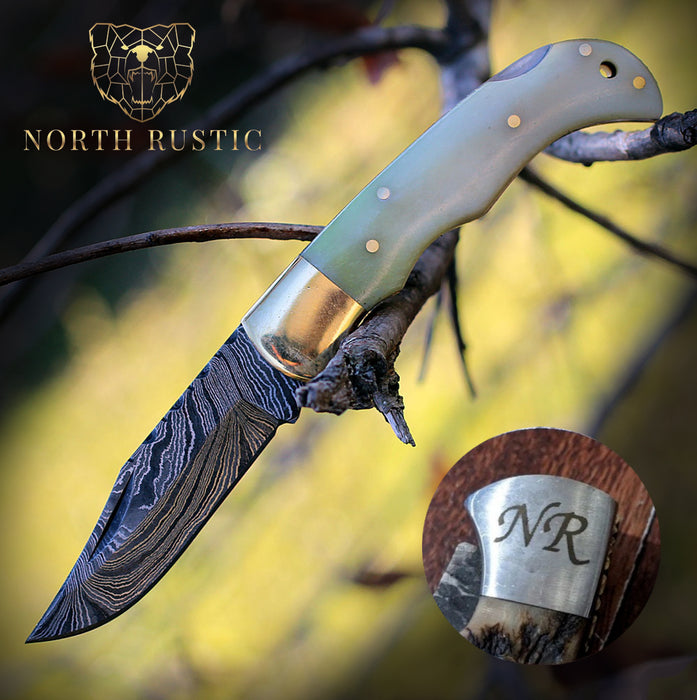 Damascus Folding Knife | Buffalo Bone Handle | Optional Engraving | NRW8 - North Rustic